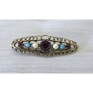 Emmons Gold Tone Filigree Bar Brooch Pin Faux Pearl Amethyst Turquoise 2.5"